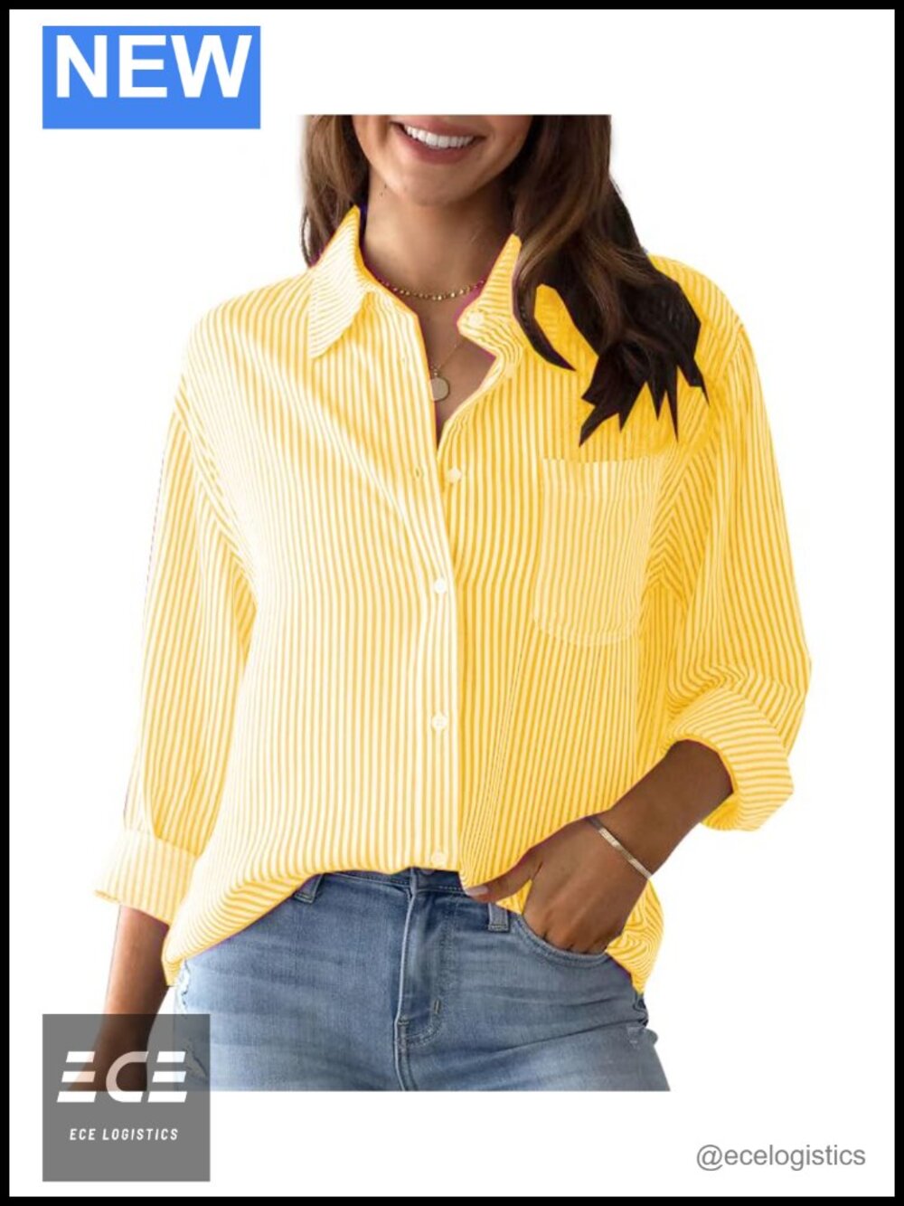 Women's Striped Button Down Shirt Long Sleeve Office Blouse with Pocket